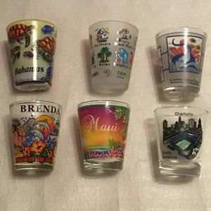 Colorful lot of 6 advertising shot glasses - Bahamas, Maui, Honduras, etc.